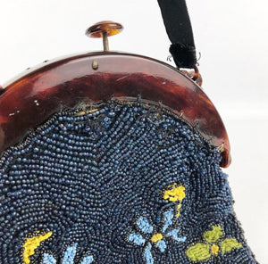 Original 1930s Beaded Bag with Floral Detail and Celluloid Frame *