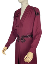 Load image into Gallery viewer, Original 1940&#39;s Burgundy Satin Backed Crepe Sequined Evening Dress with Tie Belt by Crompton Perry - Bust 38 40 42
