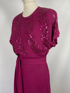 1940s Raspberry Pink Beaded and Sequined Crepe Evening Dress - Bust 34 35 36