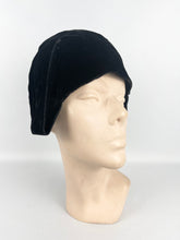 Load image into Gallery viewer, Original 1920s Black Cotton Velvet Cloche with Celluloid and Paste Hat Flash

