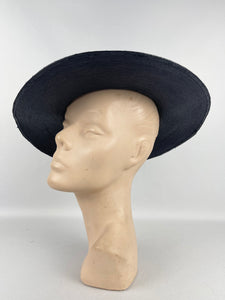 Original 1940's Dark Blue Lacquered Straw Hat with Net Covered Flower Trim by Peter Robinson *