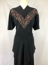 Load image into Gallery viewer, 1940s Black Dress with Lace Overlay and Fishtail Peplum -B38

