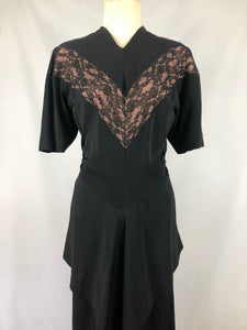 1940s Black Dress with Lace Overlay and Fishtail Peplum -B38