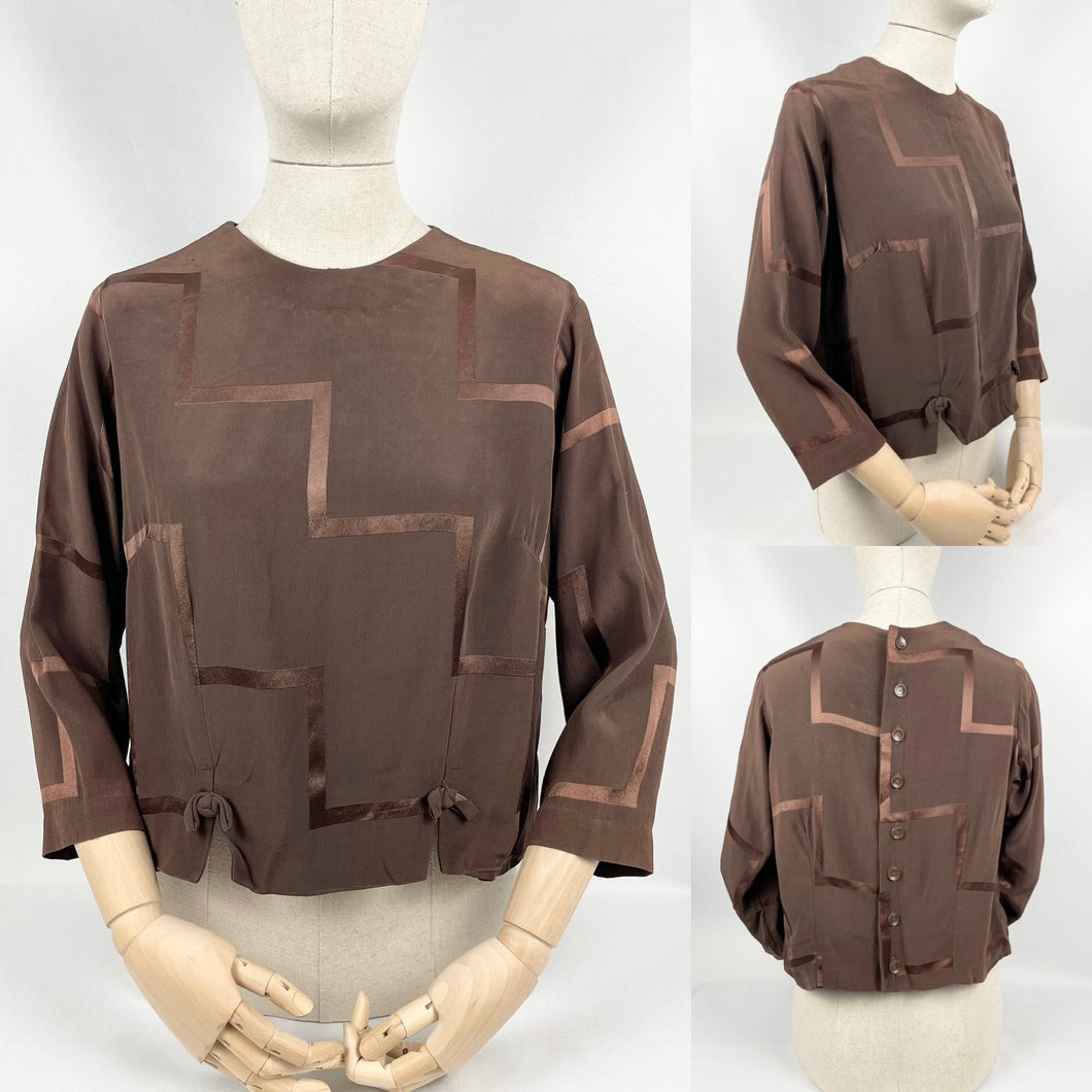 Original 1930s Brown Satin Backed Crepe Cropped Blouse with Bow Trim - Bust 36 37 38