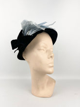 Load image into Gallery viewer, 1930s Black Velvet Hat with Ice Blue Feather Trim and Bow
