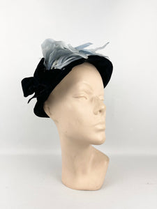 1930s Black Velvet Hat with Ice Blue Feather Trim and Bow