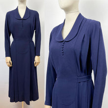 Load image into Gallery viewer, Original 1930s Belted Navy Wool Day Dress with Long Sleeves - Bust 40 41 42
