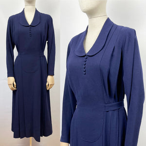 Original 1930s Belted Navy Wool Day Dress with Long Sleeves - Bust 40 41 42
