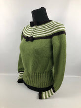 Load image into Gallery viewer, Reproduction 1930s Hand Knitted Jumper in Soft Green with Brown and Cream Stripes B 35&quot; 36&quot; 37&quot;
