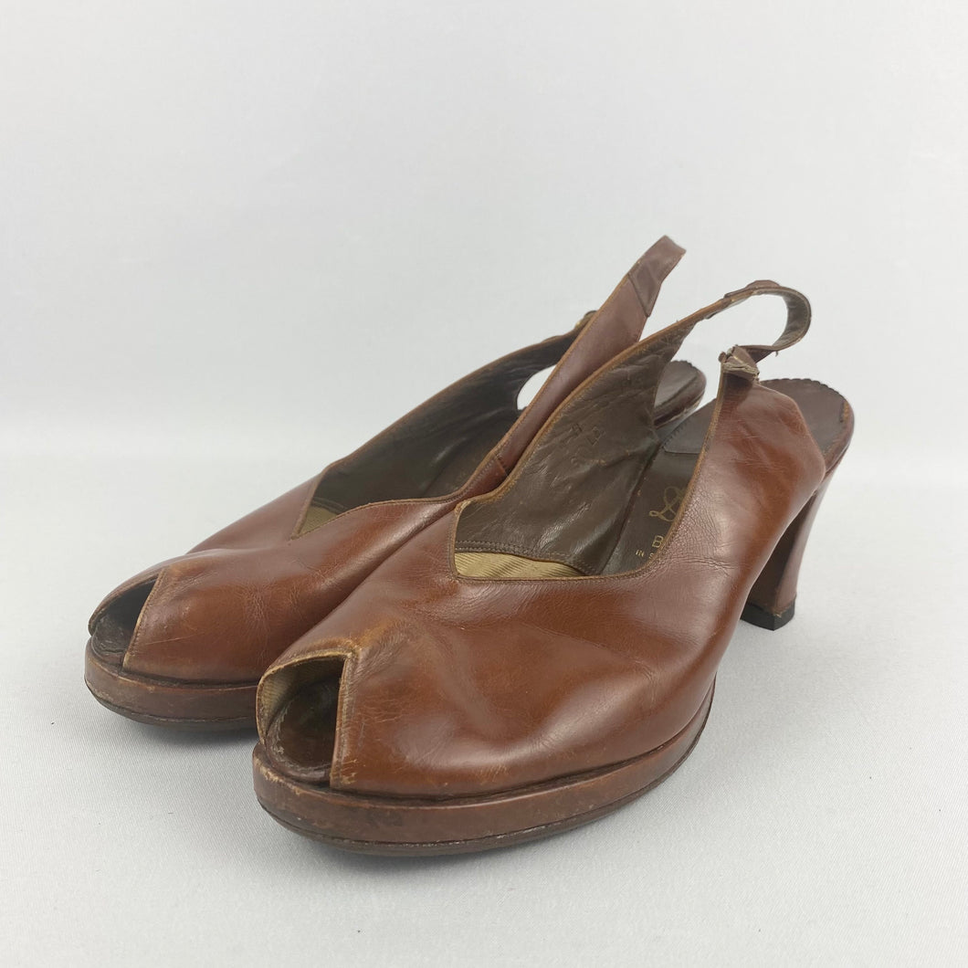 Original 1940s Chestnut Leather Peep Toe Sling Back Shoes by Dolcis - Uk Size 6
