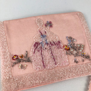1930s peach Satin Beaded Clutch with Crinoline Lady Design and Tiny Coin Purse