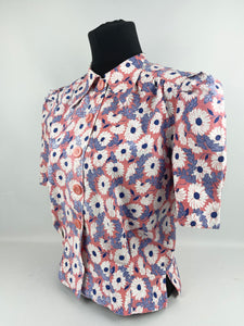 *AS IS* Feed Sack Cotton Blouse - 1940's Reproduction Pretty Floral Print Blouse Made From Original 1940's Feed Sack - Salmon Pink with Blue and White Design - Bust 35 36 37