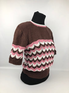Reproduction 1940s Jumper in Stripes of Brown, Pink and Cream - B 36 38 40