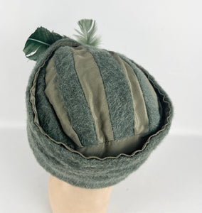 Original 1930's Sage Green Mohair, Crepe and Feather Turban Hat