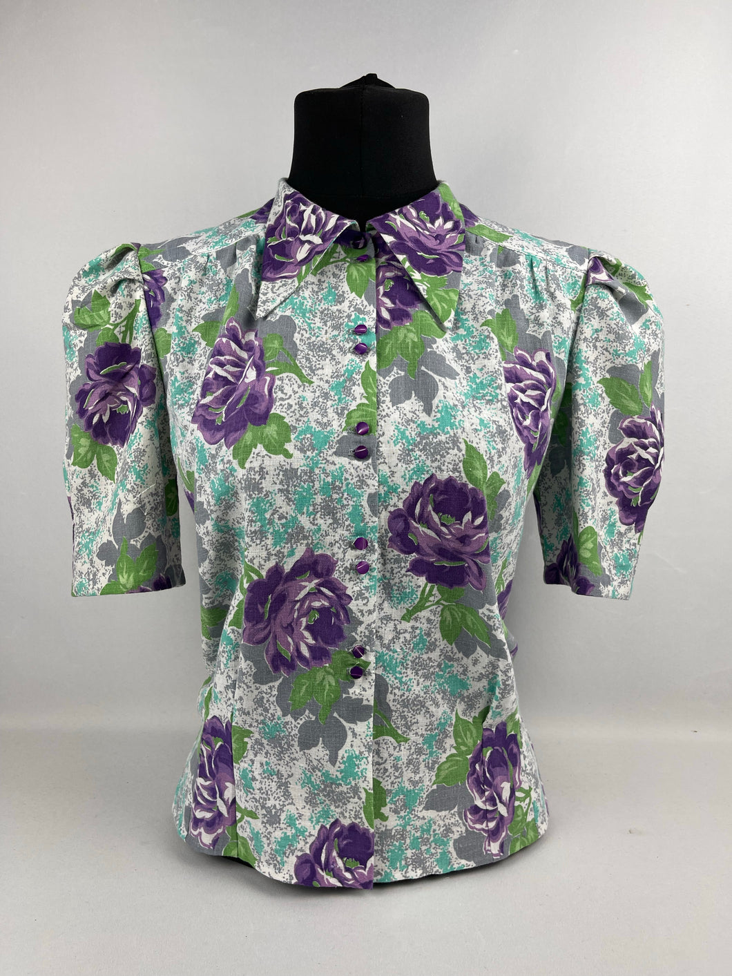 As Is 1940's Reproduction Floral Print Blouse with Large Purple Roses and Tiny Glass Buttons Made From an Original 1940's Feed Sack - Bust 34
