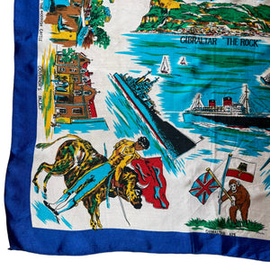 Vintage Artificial Silk Scarf with Monkeys, Planes and Boats in a Blue Border - Gibraltor Tourist Piece - Great Turban or Headscarf