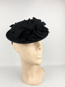 Original 1940s Dark Brown Felt Topper Hat with Triple Felt Flower Trim