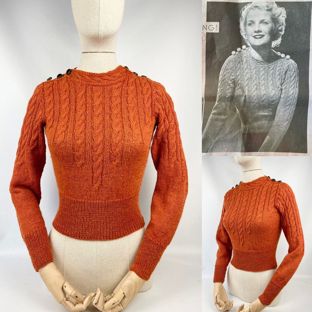 1930's Reproduction Hand Knitted Long Sleeved Cable Jumper in Rust Alpaca Wool - Bust 34 35