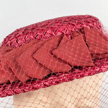 Load image into Gallery viewer, Original 1940&#39;s Stunning Pink Coarse Straw Hat with Grosgrain Trim and Face Veil
