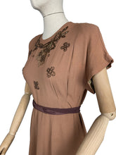 Load image into Gallery viewer, Original 1940’s Cafe Au Lait Crepe Dress with Bronze Beading - Perfect For Day or Evening Wear - Bust 36
