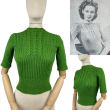 Load image into Gallery viewer, 1940&#39;s Reproduction Hand Knitted Cable Jumper in Green - Bust 32 33 34 35 *
