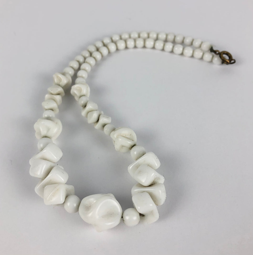 1940s 1950s White Glass Necklace With Unusual Shaped Beads