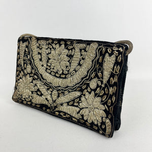 Vintage Black Velvet Evening Bag with Metallic Gold Embroidery