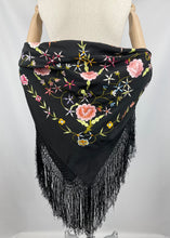 Load image into Gallery viewer, Beautiful Original 1920&#39;s 1930&#39;s Black Crepe Piano Shawl with Bold Floral Silk Embroidery and Broad

