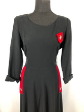 Load image into Gallery viewer, 1940s Black Crepe Dress with Red Velvet Trim and Paste Detail - Bust 36 37 38
