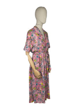Load image into Gallery viewer, Original 1950&#39;s Pink Cotton Dress with Floral Print in Blue, Yellow, Grey and Green - Bust 38 40 *
