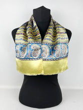 Load image into Gallery viewer, Original 1930&#39;s Yellow, Green and Blue Paisley Stripe Satin Scarf or Headscarf
