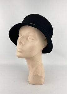 Original 1920’s 1930's Black Felt Cloche Hat With White Metal Faux Buckle Trim *