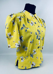 1940s Reproduction Feed Sack Blouse with Dog Rose Print on Yellow - B34 35