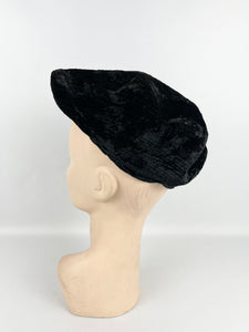 Original 1930's Inky Black Velvet Seamed Beret - Charming Little Hat