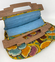 Load image into Gallery viewer, Original 1920’s Crewel Work Wool Bag with Birds and Flowers - Pretty Carved Wooden Handles
