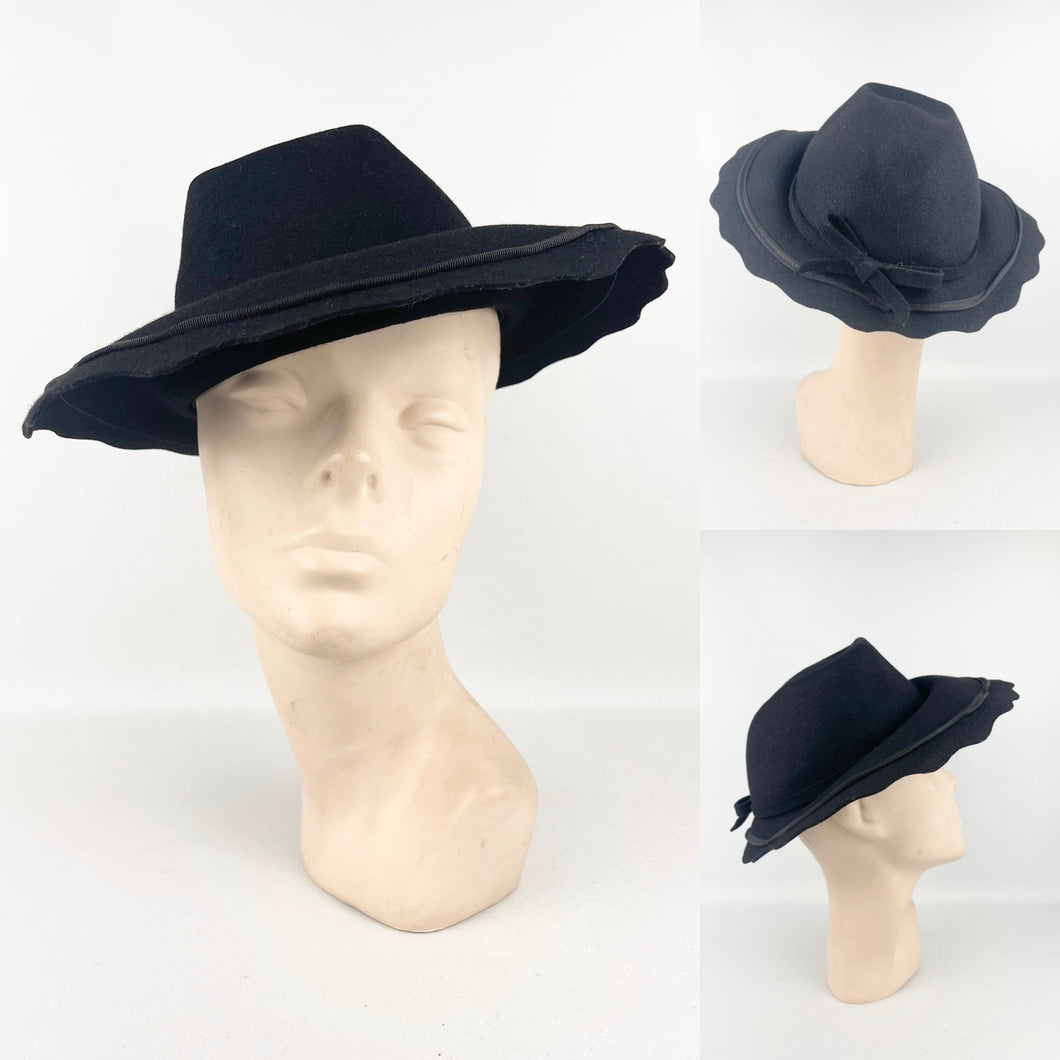 Wonderful Original Late 1930's or Early 1940's Black Felt Hat with Scalloped Edge