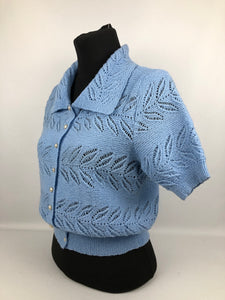 Original 1940s Cornflower Blue Lace Knit Cardigan with Glass Buttons - Bust 36