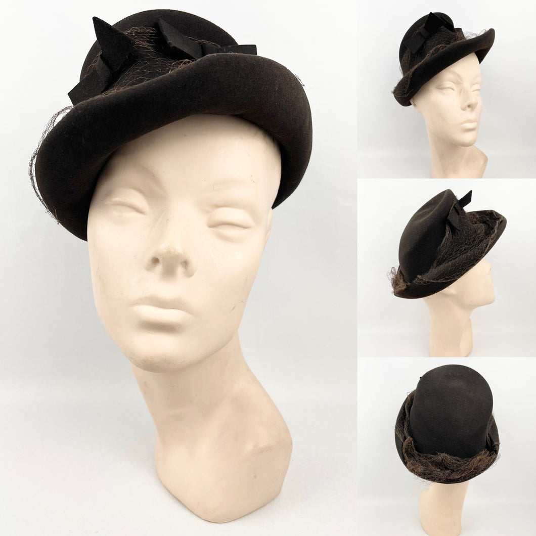 1930s 1940s Dark Chocolate Brown Felt Hat with Net and Double Bow Trim *