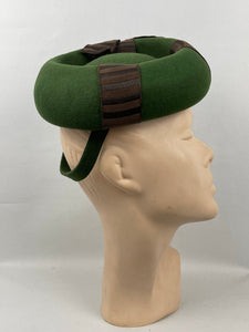 Original 1940s Forest Green Felt Hat with Chocolate Brown Grosgrain Bow Trim