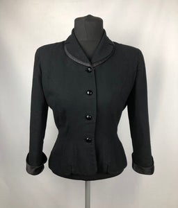 1940s Black Jacket with Double Collar, Satin Trim and Glass Buttons - B35 36