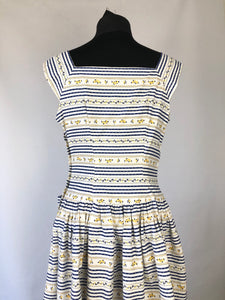 1950s Blue and White Stripe Floral Dress - B36