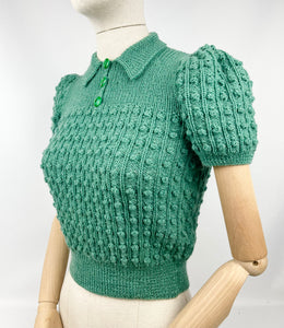 1930's Reproduction Bobble Knit with a Neat Collar in Ivy Green - Bust 34 36