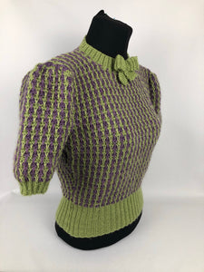 Reproduction 1940s Waffle Stripe Jumper Knitted from a Wartime Pattern in Heather and Fern - B 37 38 39 40 41