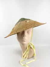Load image into Gallery viewer, Original 1940s 1950s Tri Colour Conical Straw Hat with Ribbon Tie and Bobble Trim
