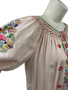 Original 1930’s Hungarian Embroidered Blouse in Pale Pink Crepe - Petite