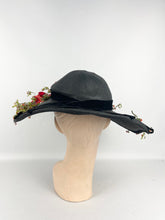 Load image into Gallery viewer, Absolutely Incredible Huge Black Straw Hat with Wonderful Flower Trim from the 1920&#39;s or 1930&#39;s *
