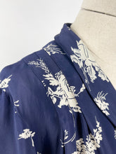 Load image into Gallery viewer, Original 1930s Navy and White Silk Volup Floral Print Dress with Bow Tie Neck - Bust 40 42
