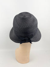 Load image into Gallery viewer, Original 1920s 1930s Dark Blue Straw Cloche Hat with Grosgrain Trim
