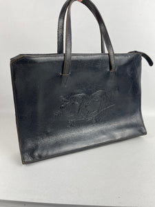 Original 1930's Blue Leather Handbag with Embossed Dog Detail