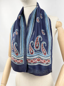 Original 1930's Silk Crepe Scarf or Headscarf in Red, White and Blue Paisley - Great Christmas Gift